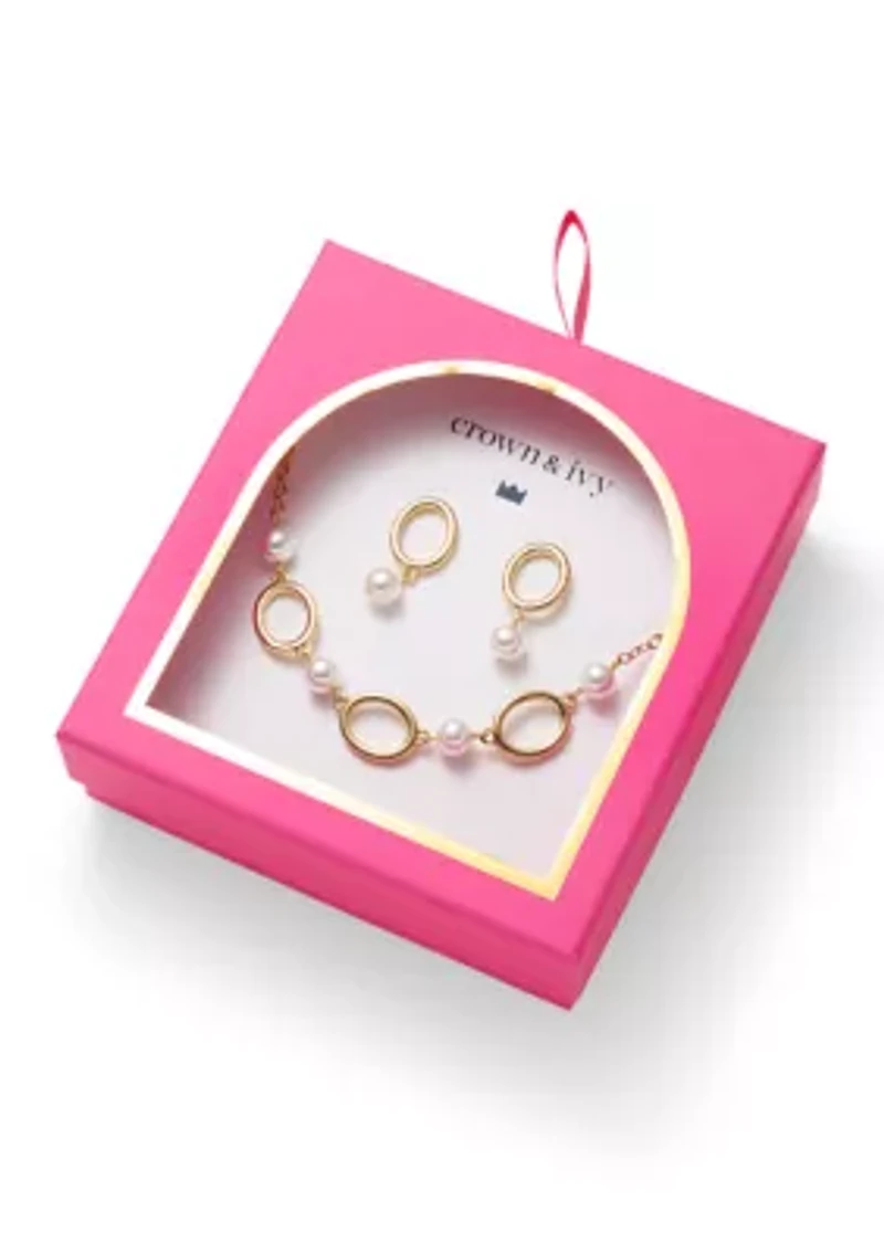 Gold Tone Oval Pearl Drop Earrings and Frontal Necklace