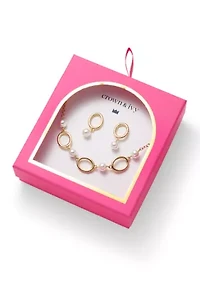 Gold Tone Oval Pearl Drop Earrings and Frontal Necklace