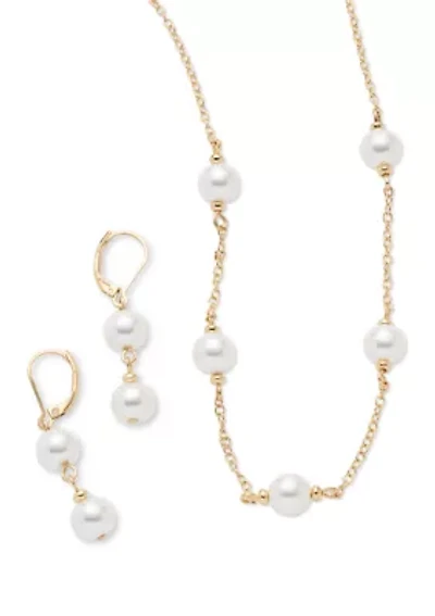 Gold Tone Pearl Double Drop Earrings and Frontal Necklace Set
