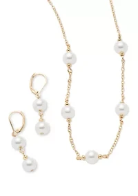 Gold Tone Pearl Double Drop Earrings and Frontal Necklace Set