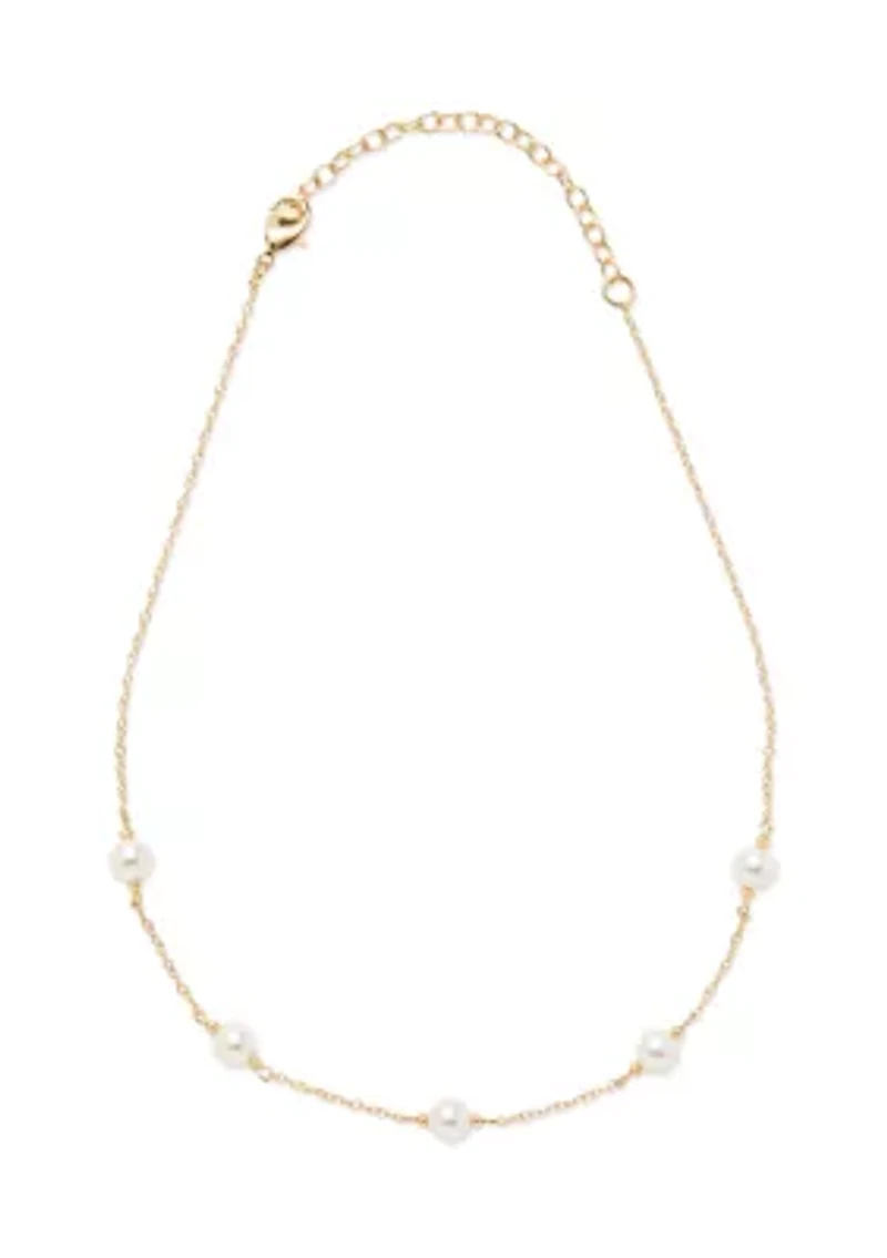 Gold Tone Pearl Double Drop Earrings and Frontal Necklace Set