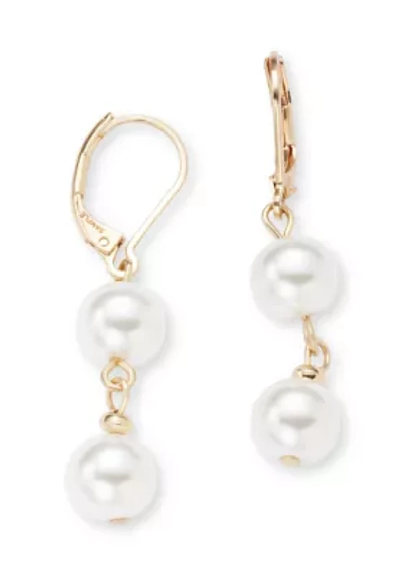 Gold Tone Pearl Double Drop Earrings and Frontal Necklace Set