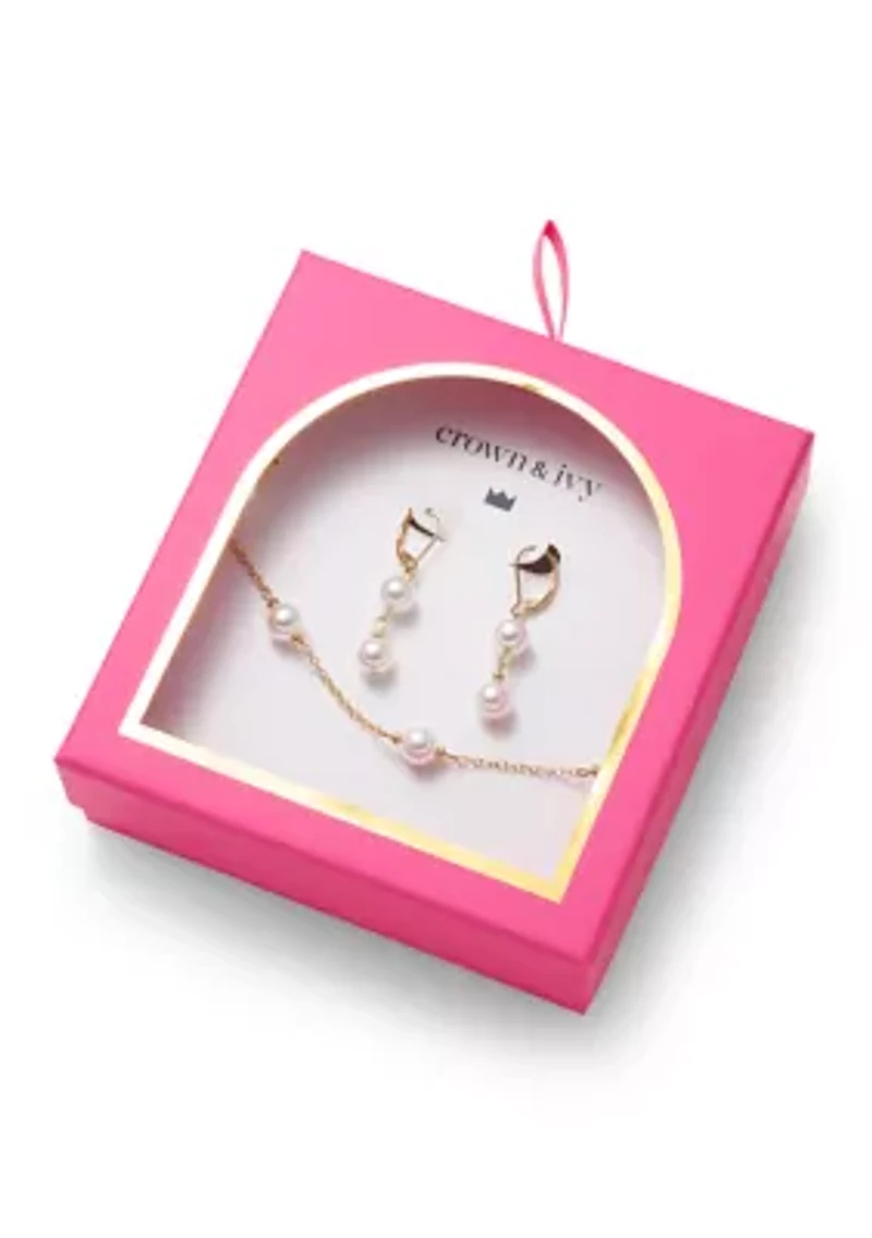 Gold Tone Pearl Double Drop Earrings and Frontal Necklace Set