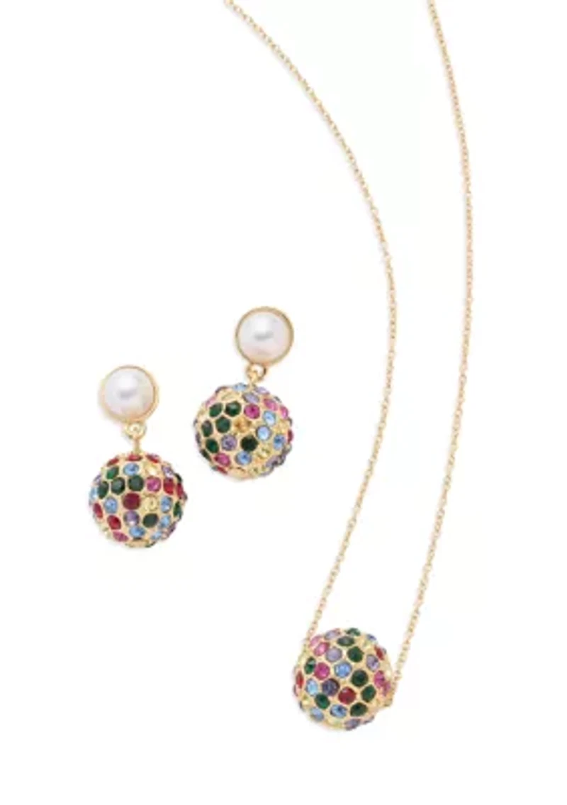 Gold Tone Rainbow Fireball Drop Earrings and Pendant Necklace