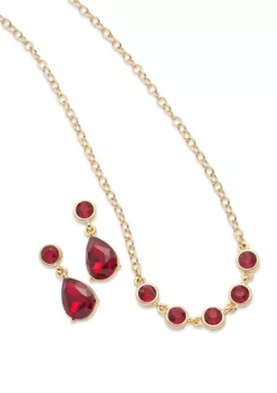 Gold Tone Red Stone Drop Earrings and Frontal Necklace Set