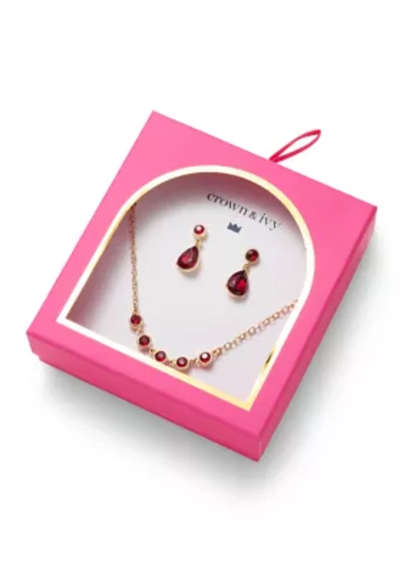 Gold Tone Red Stone Drop Earrings and Frontal Necklace Set