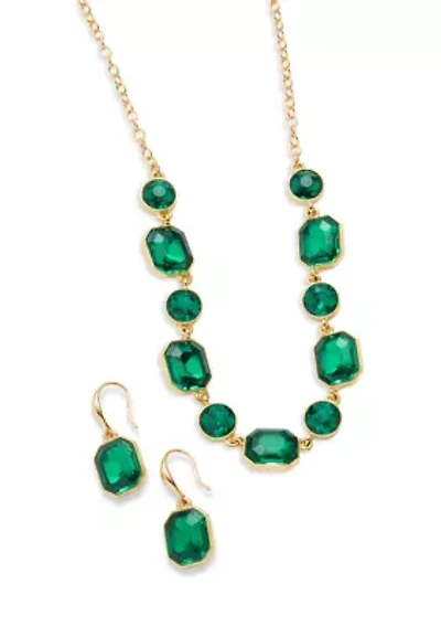 Gold Tone with Green Stone Frontal Necklace and Drop Earrings Set