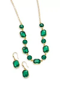 Gold Tone with Green Stone Frontal Necklace and Drop Earrings Set