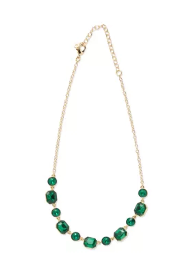 Gold Tone with Green Stone Frontal Necklace and Drop Earrings Set