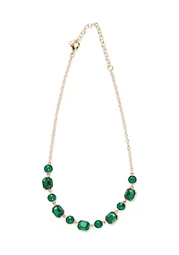 Gold Tone with Green Stone Frontal Necklace and Drop Earrings Set