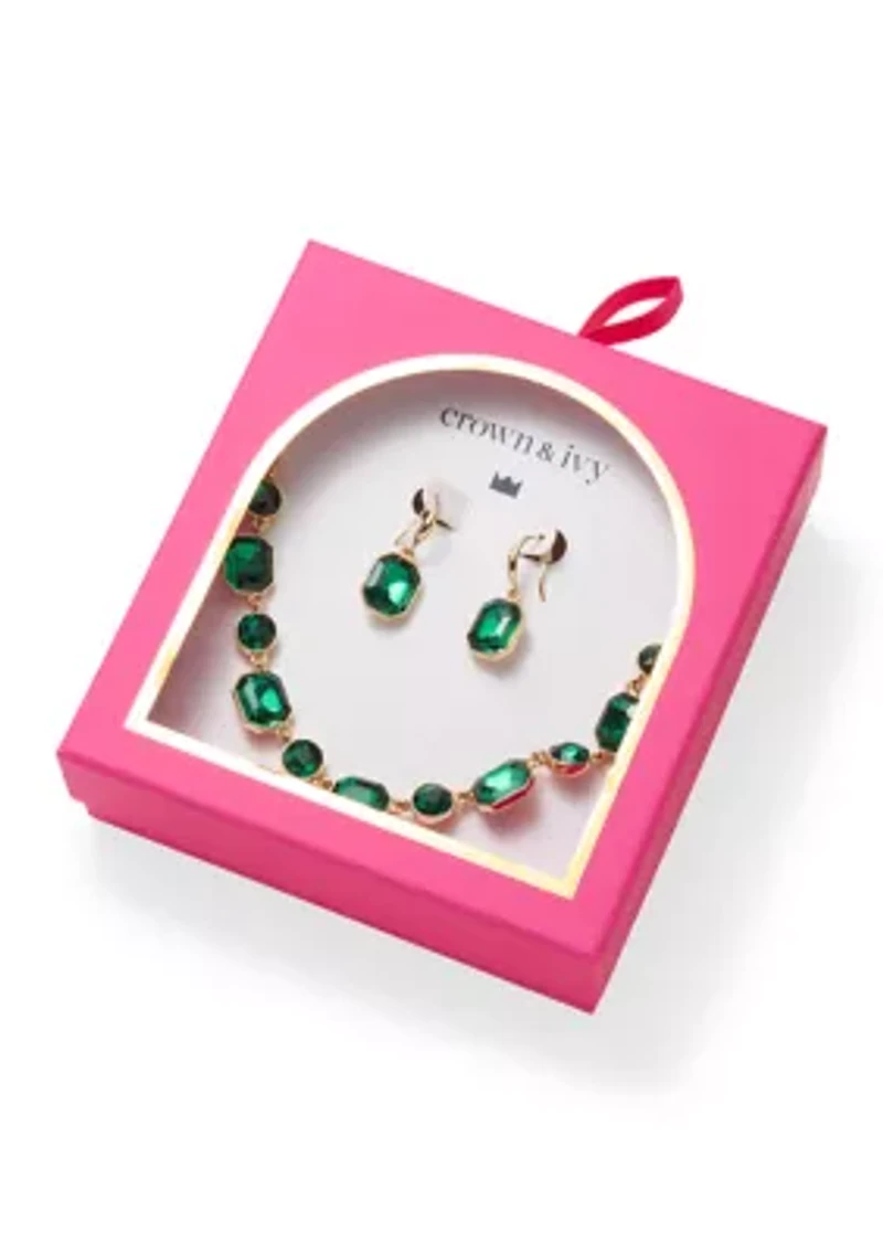 Gold Tone with Green Stone Frontal Necklace and Drop Earrings Set