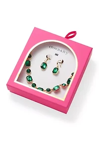Gold Tone with Green Stone Frontal Necklace and Drop Earrings Set