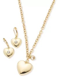 Gold Tone Puffy Heart Earrings and Necklace Set