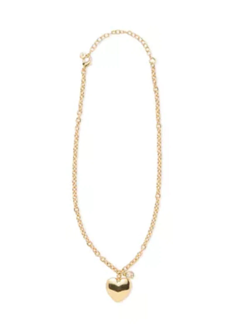 Gold Tone Puffy Heart Earrings and Necklace Set