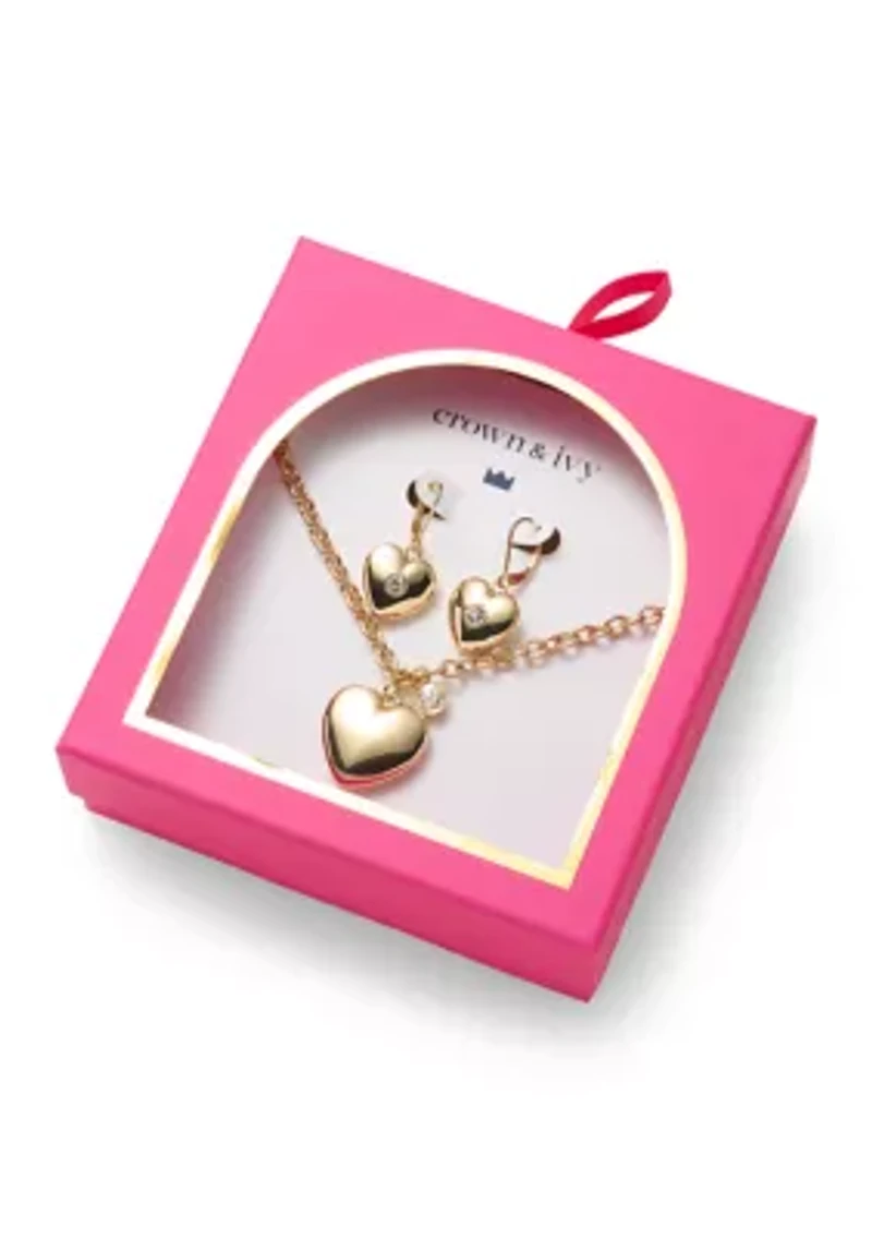 Gold Tone Puffy Heart Earrings and Necklace Set