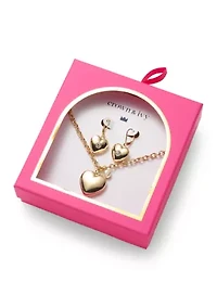 Gold Tone Puffy Heart Earrings and Necklace Set