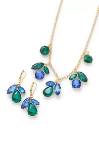 Gold Tone Tri Stone Drop Earrings and Frontal Necklace Set