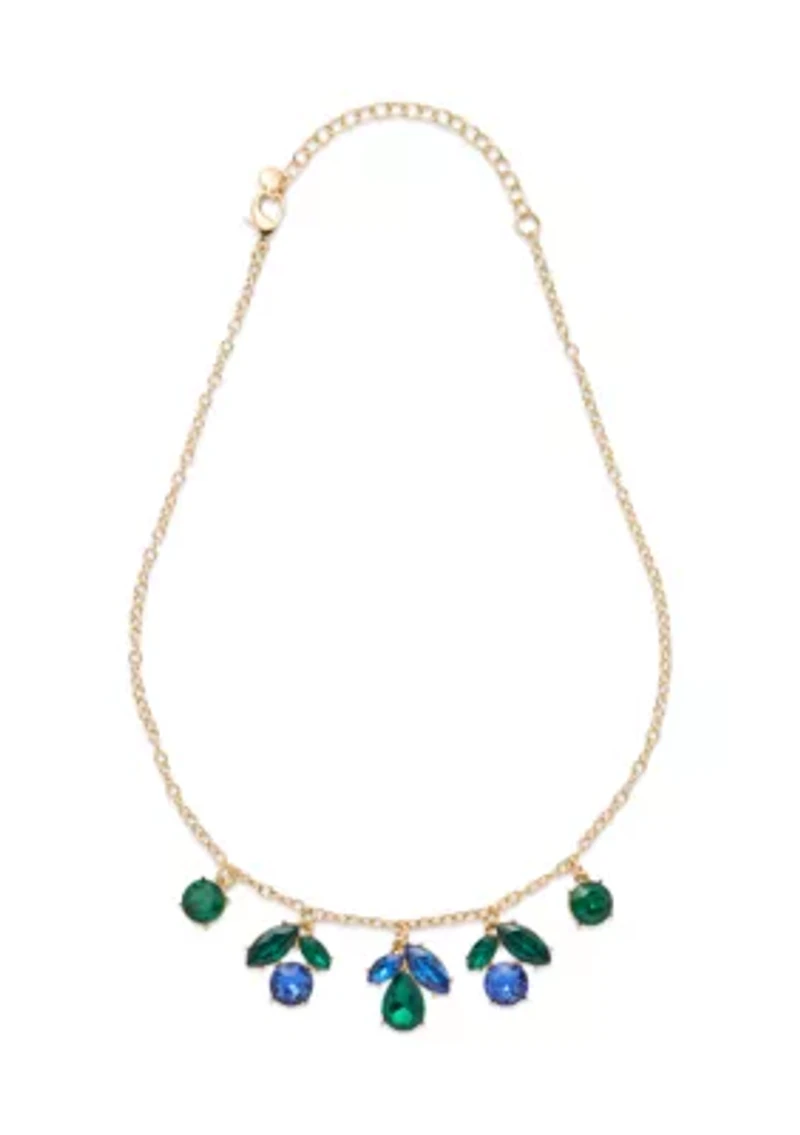 Gold Tone Tri Stone Drop Earrings and Frontal Necklace Set