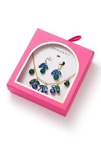 Gold Tone Tri Stone Drop Earrings and Frontal Necklace Set