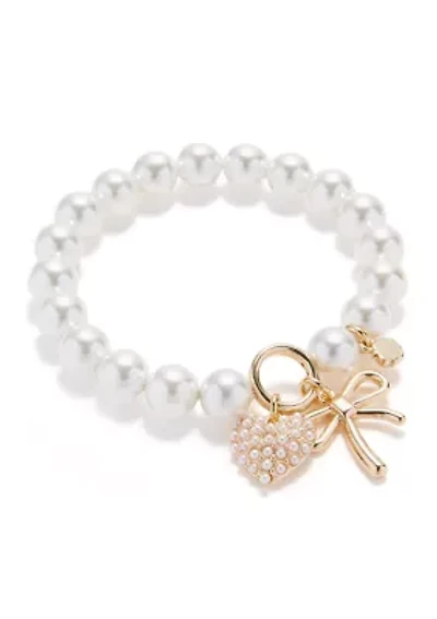 White Pearl Heart Bow Charm Stretch Bracelet