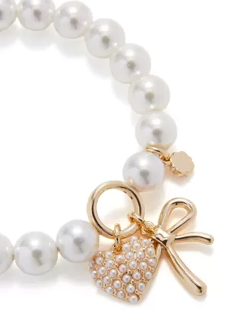White Pearl Heart Bow Charm Stretch Bracelet