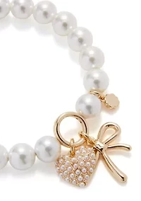 White Pearl Heart Bow Charm Stretch Bracelet