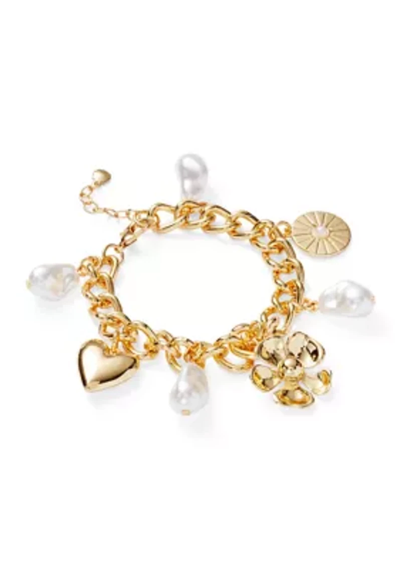 Heart Flower Pearl Charm Bracelet