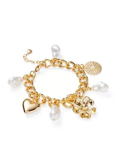 Heart Flower Pearl Charm Bracelet