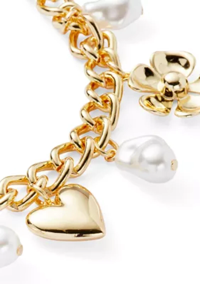 Heart Flower Pearl Charm Bracelet