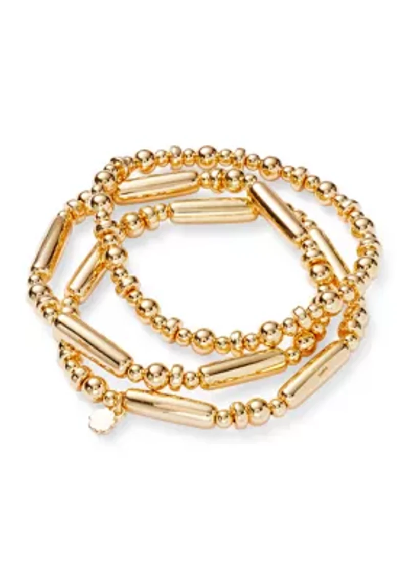 Puff Beaded Gold Tone Stretch Bracelet Trio Set