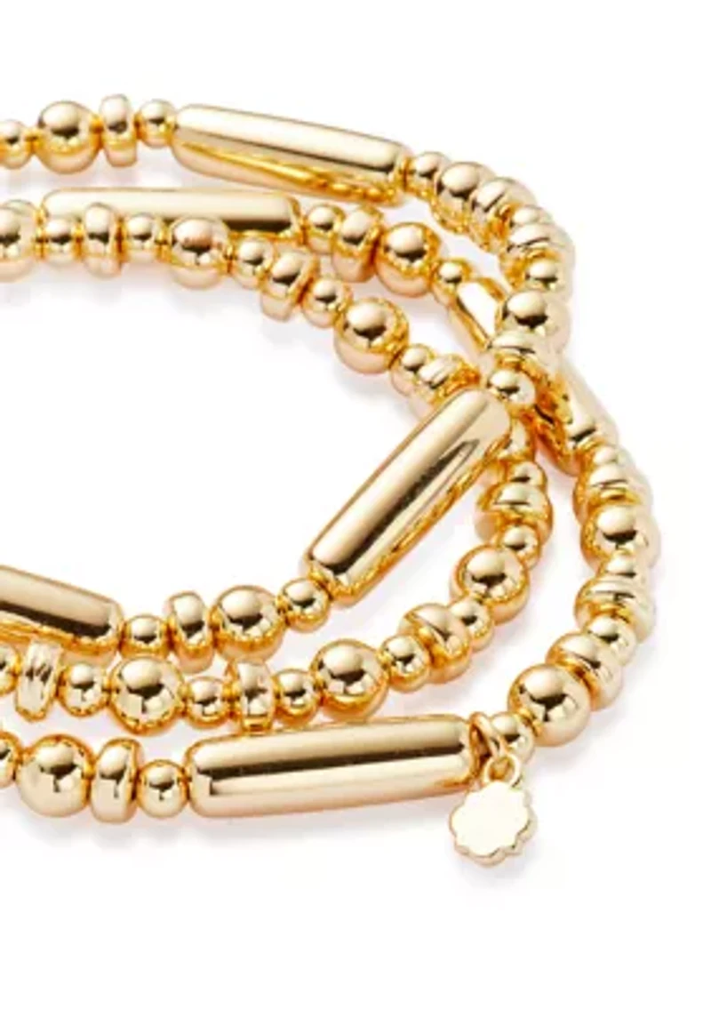Puff Beaded Gold Tone Stretch Bracelet Trio Set