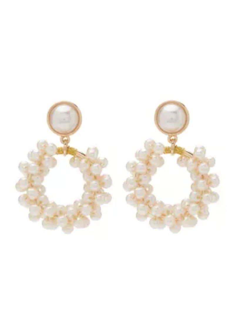 Gold Tone Pearl Cluster Drop Hoop Earrings