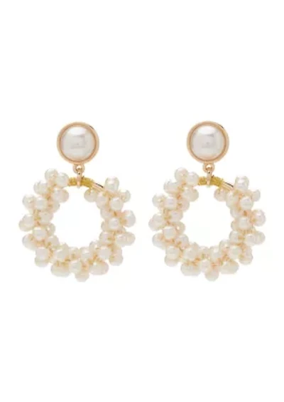 Gold Tone Pearl Cluster Drop Hoop Earrings