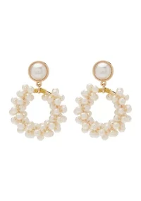 Gold Tone Pearl Cluster Drop Hoop Earrings