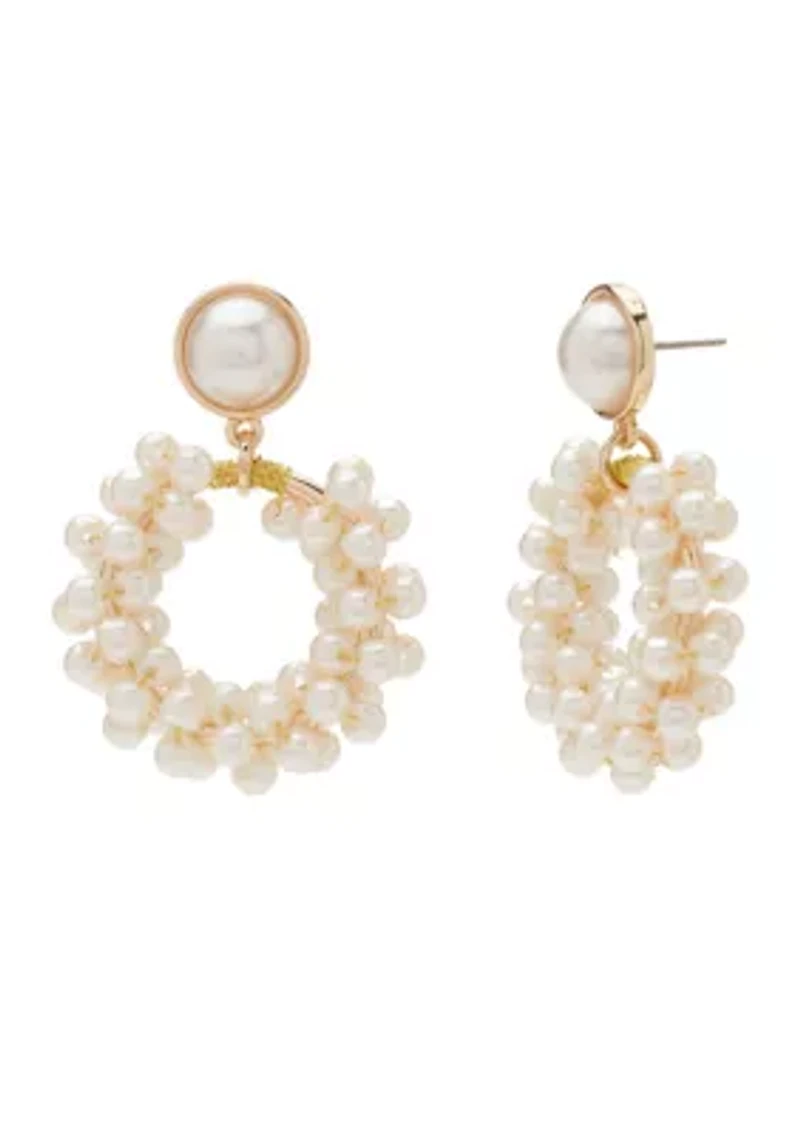 Gold Tone Pearl Cluster Drop Hoop Earrings