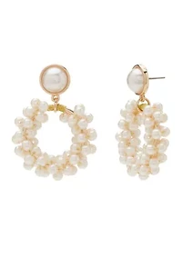 Gold Tone Pearl Cluster Drop Hoop Earrings