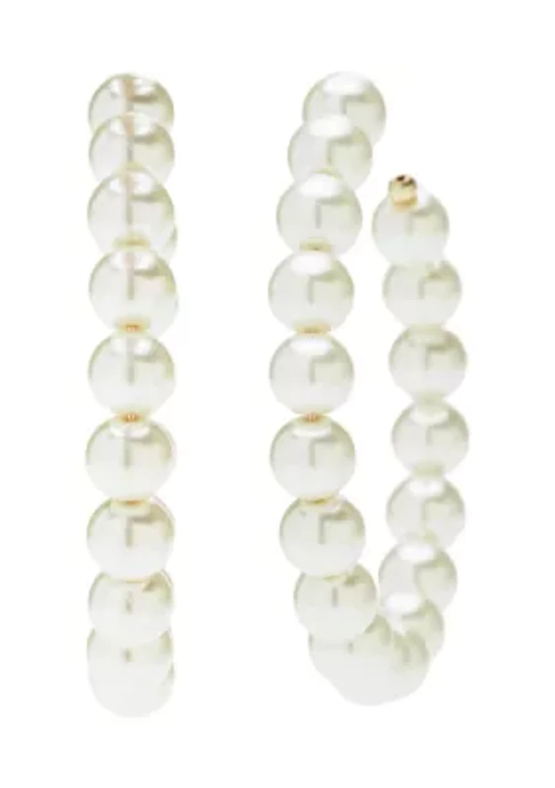 Gold Tone Pearl C Hoop Earrings