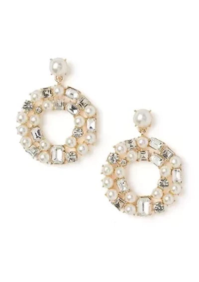 Gold Tone Pearl Crystal Drop Hoop Earrings