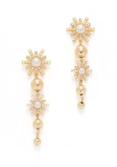 Gold Tone Starburst Pearl Linear Earrings