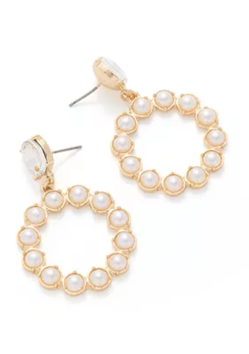 Gold Tone Pearl Drop Hoop Earrings
