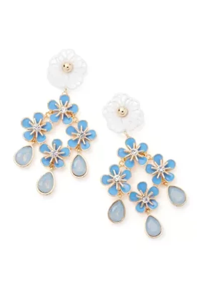 Gold Tone Blue Flower Chandelier Earrings