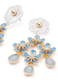 Gold Tone Blue Flower Chandelier Earrings