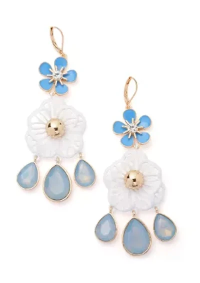 Gold Tone Blue Large Flower Double Drop Earrings