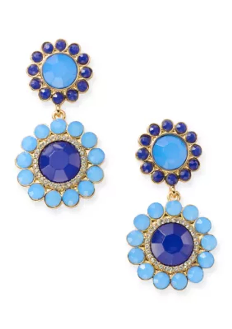 Gold Tone Blue Tassel Chandelier Earrings