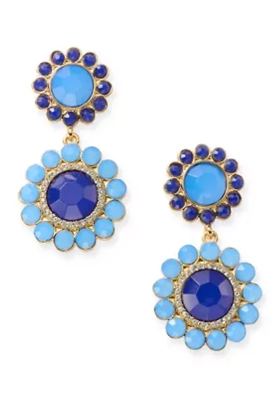 Gold Tone Blue Tassel Chandelier Earrings
