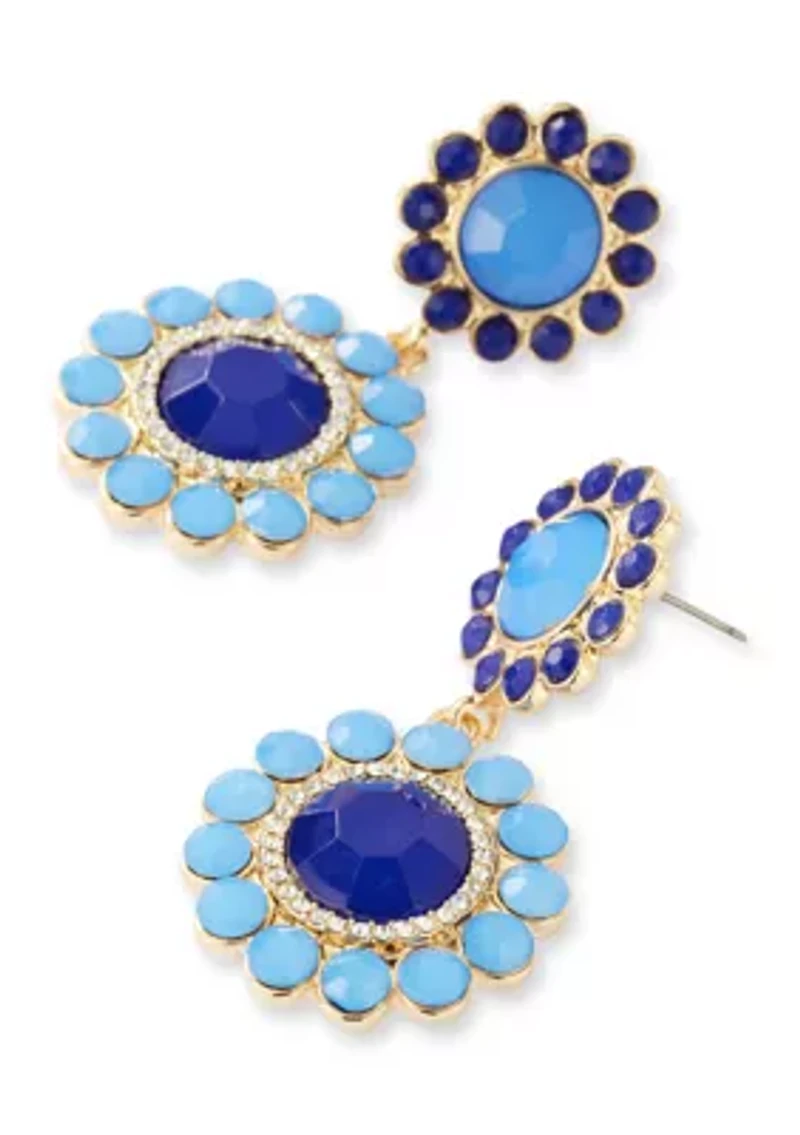Gold Tone Blue Tassel Chandelier Earrings