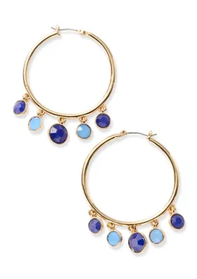 Gold Tone Blue Shaky C Hoop Earrings