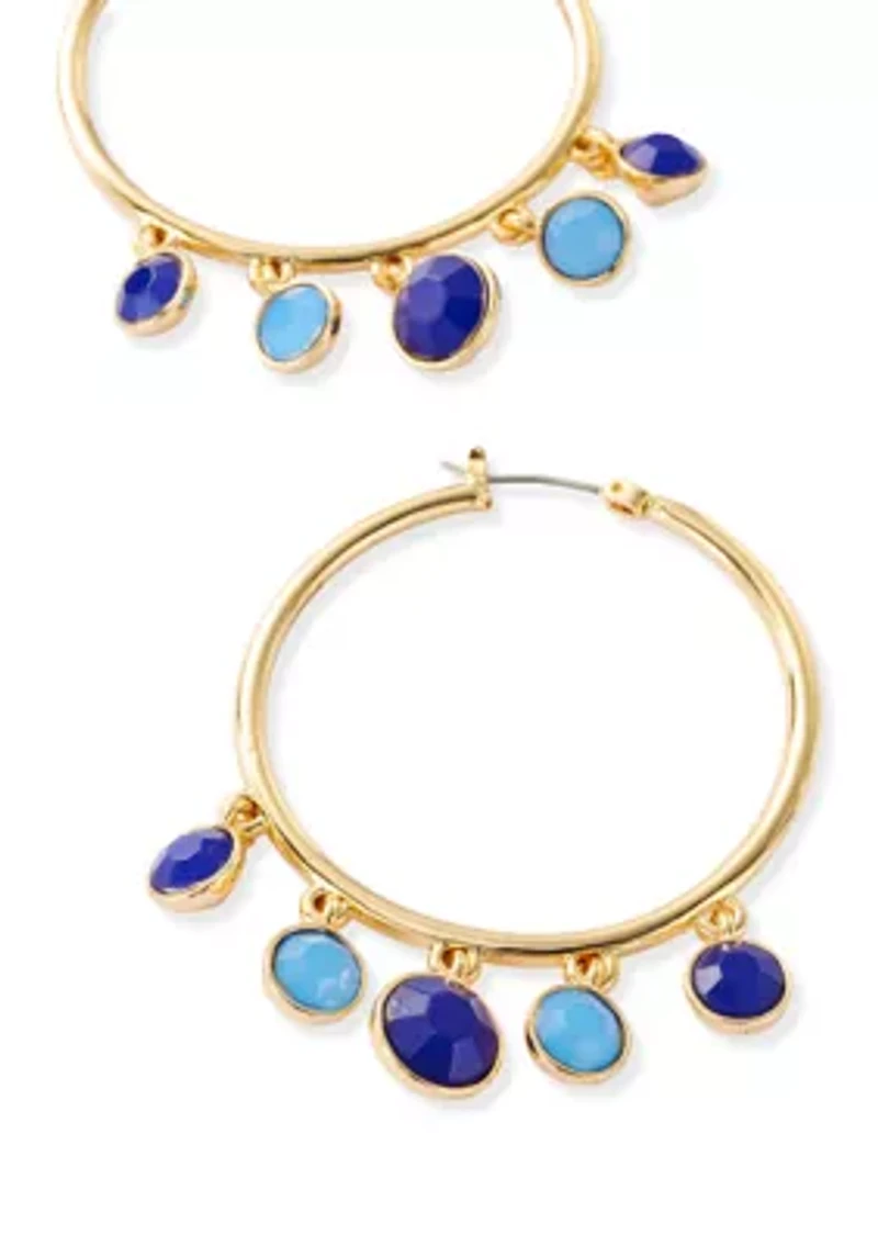 Gold Tone Blue Shaky C Hoop Earrings