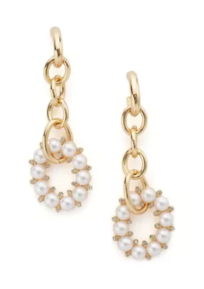 Gold Tone Chain and Round Pearl Linear Earrings