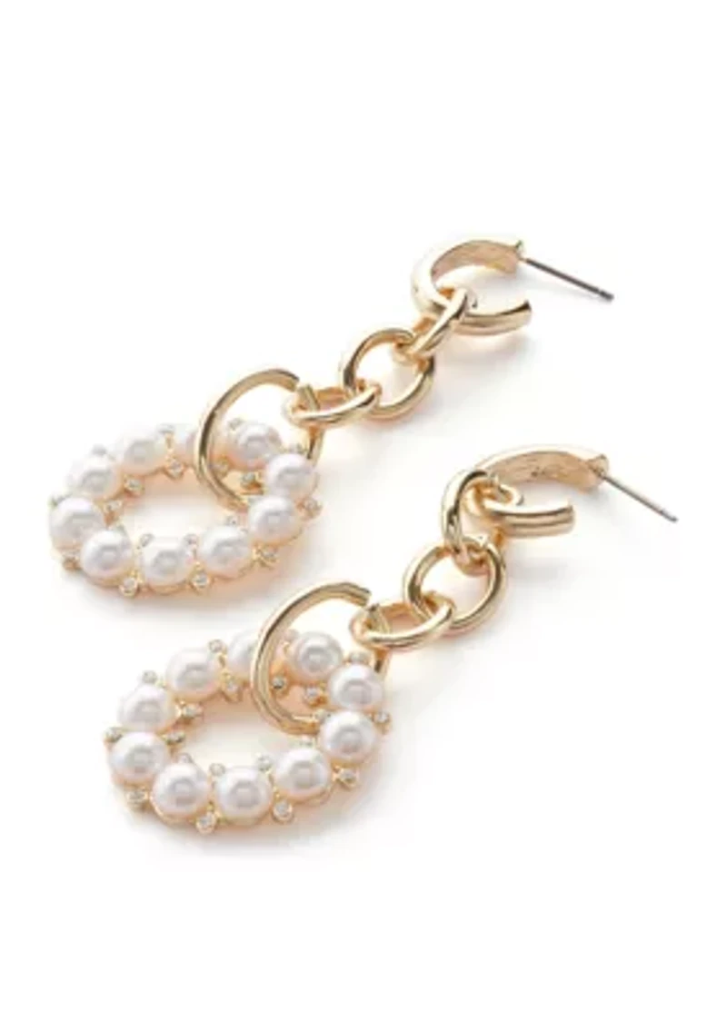 Gold Tone Chain and Round Pearl Linear Earrings